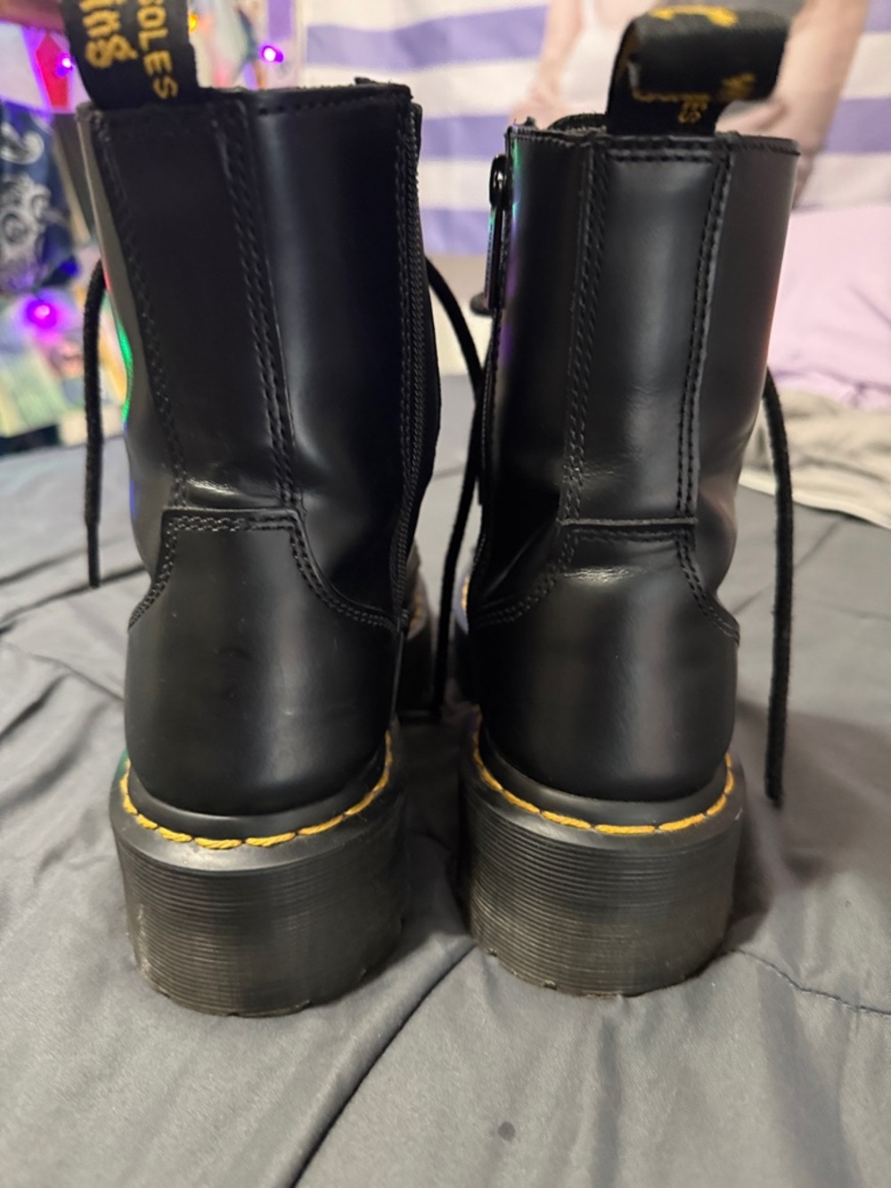 Dr. Martens Black Leather Platform Lace-Up Boots with Yellow Stitching - Picture 6 of 10